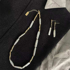 淡水珍珠小银条项耳钉14k注金巴洛克S925耳针银条套装高级清冷感