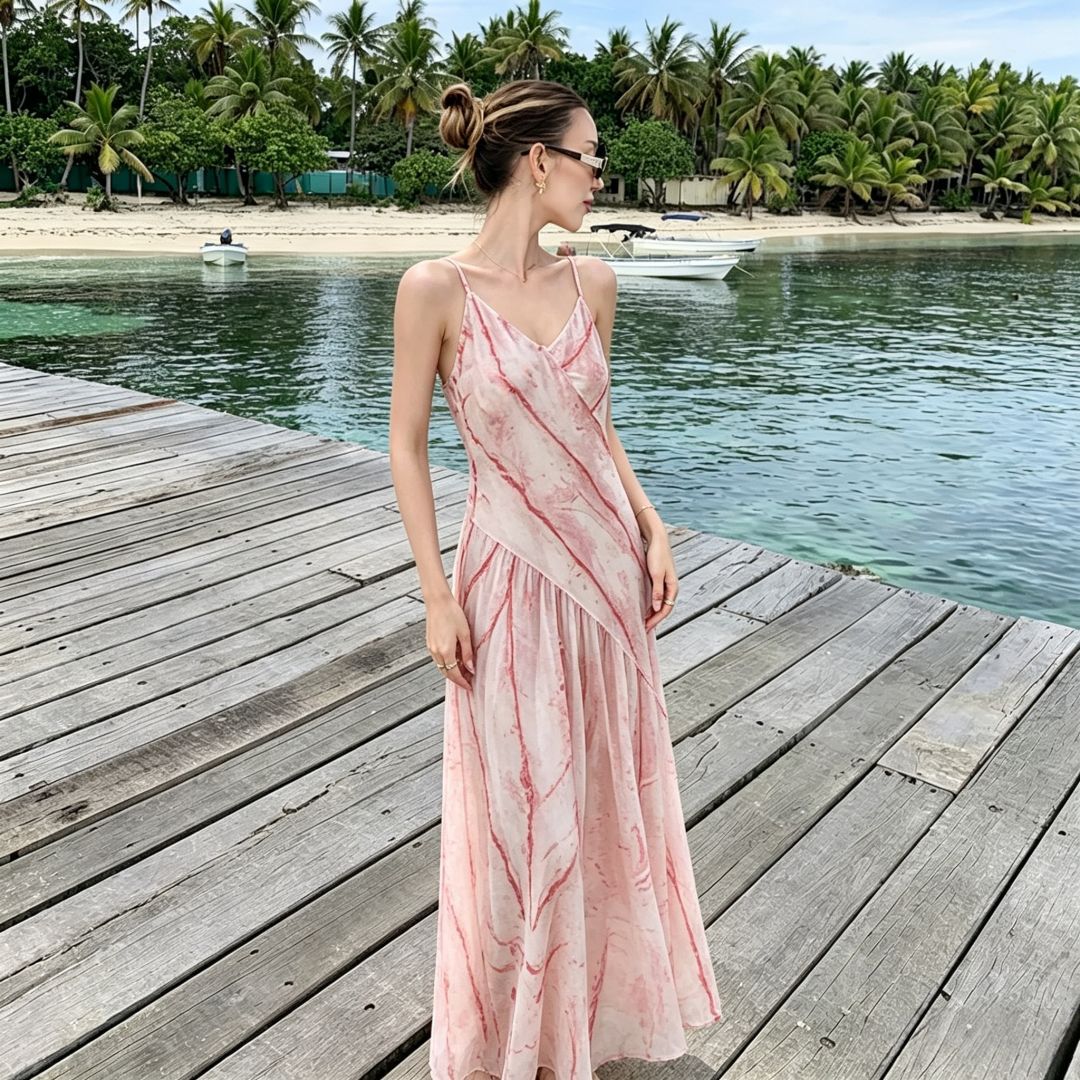 Women's Pink Ombre Stripe Print Halter Maxi Dress – French Resort Elegant Summer Gown_ecoleips.com
