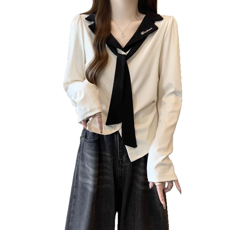 大码撞色正肩翻领长袖T恤女秋季2025新款胖mm修身显瘦遮肉上衣女|undefined