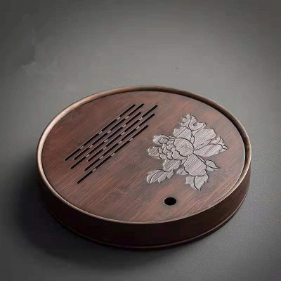 大岸堂碳化竹制家用茶盘储水圆形嵌入式简约干泡台小茶台竹制茶海|ms