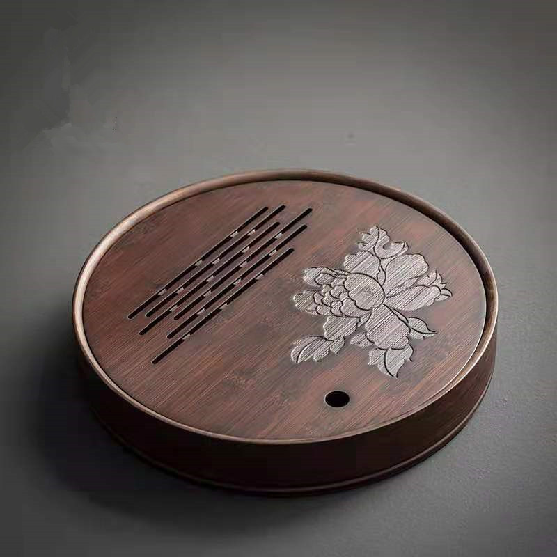 大岸堂碳化竹制家用茶盘储水圆形嵌入式简约干泡台小茶台竹制茶海|ms