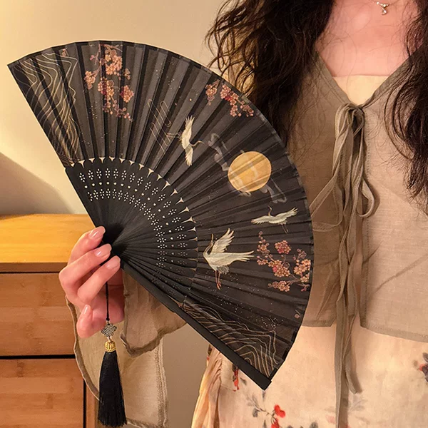 Summer Ancient Suit Portable National Style New Chinese Style Cheongsam Dance Fan Tassel Folded Bamboo Fan Student Ancient Style Folding Fan