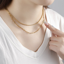 跨境热销不锈钢双层项链麻花链长十字链钛钢项链真空镀18K锁骨链