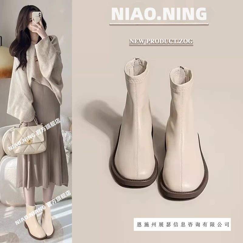 Short Boots Women's Flats Boots 2025 New Spring & Fall Chelsea Slim Boots British Style Square Toe White Women's Boots