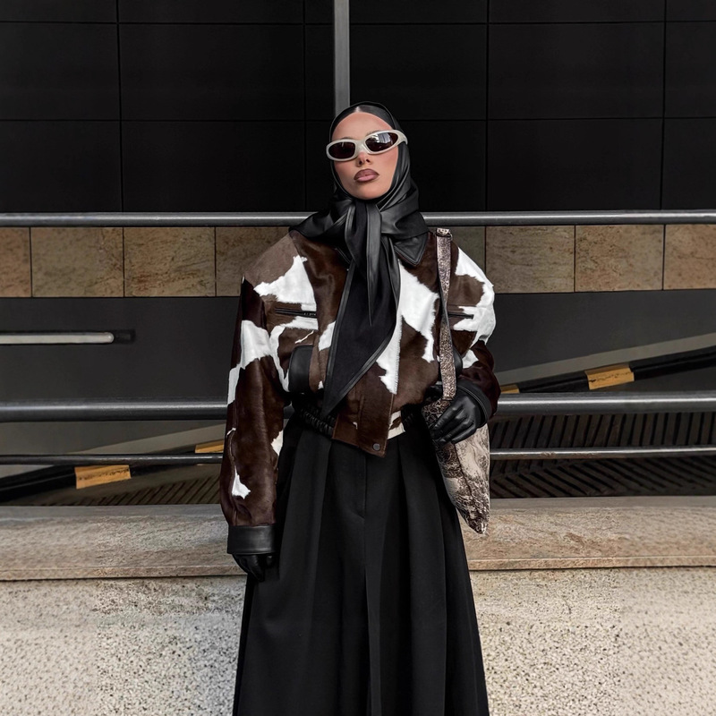 American Street Style Cow Pattern Imitation Horse Hair Printed Leather Short Jacket for Women