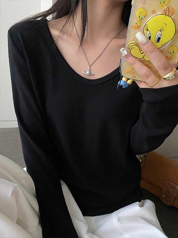 韩版简约风内搭外穿打底衫v领薄款长袖t恤女春秋新款显瘦宽松上衣|undefined