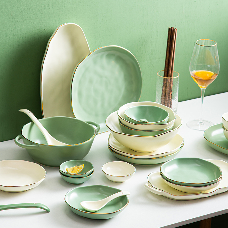 Light luxury golden edge tableware suit Nordic style matte ceramic bowl dish rice bowl soup bowl dish Home combination Light luxury golden edge tableware suit Nordic style matte ceramic bowl dish rice bowl soup bowl dish Home combination
