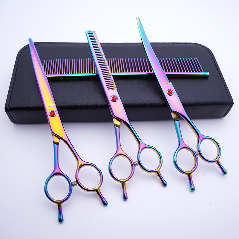 Directo de fábrica de acero inoxidable para mascotas tijeras de belleza profesional perro corte de pelo fino curvado tijeras de diente perro corte de pelo conjunto