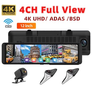 Hd Driving Recorder Adas 360-Degree 4K Blind Spot Warning 12inch Full-Screen 4-Record Streaming Media Rearview Mirror Bsd