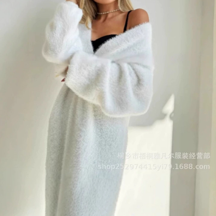 Cross-border V-neck faux mink fur sweater, women's cardigan, autumn/winter style, thickened, elegant, long, loose-fitting knit sweater, early autumn