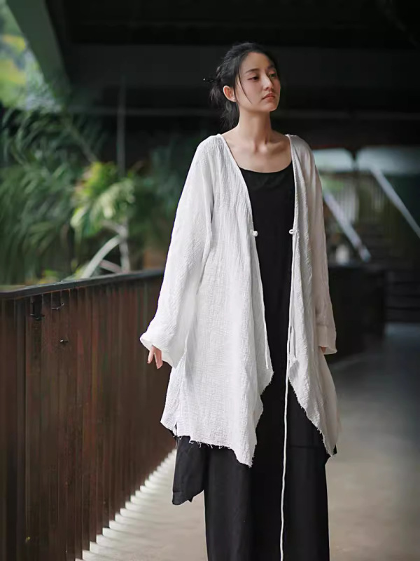 Spring and Summer New Cotton and Linen Women's Clothing with Raw Edge Design, Buttoned Cardigan Shirt, New Chinese Style Cool Style with Sun Protection Spring and Summer New Cotton and Linen Women's Clothing with Raw Edge Design, Buttoned Cardigan Shirt, New Chinese Style Cool Style with Sun Protection