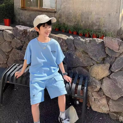 Children's Summer 2024 New Boys' Medium to Large Size Streetwear Casual Loose Sports Set Trendy 2-Piece Thin Set
