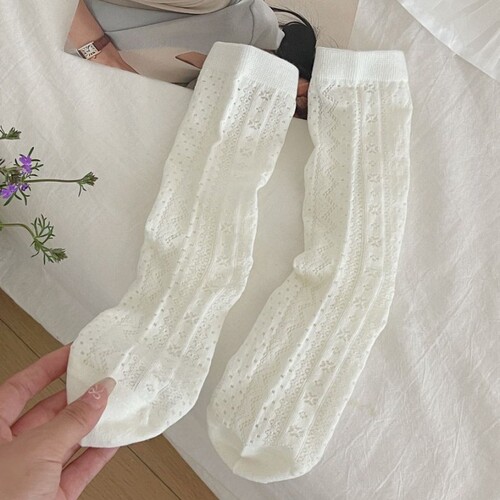 Thickened toe seamless summer socks, thin crew socks with ins mesh breathable Japanese sweet solid color versatile stack socks