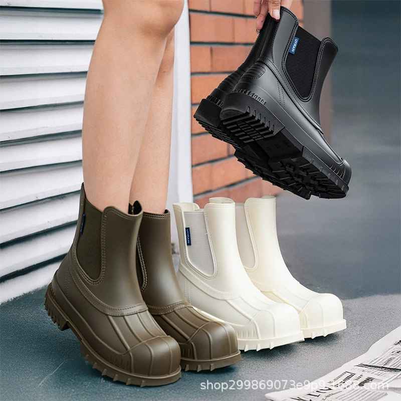 Женский новый эластичный дождевой сапоги с низким содержанием дождевой сапоги Челси водонепроницаемый нескользящий дождь на открытом воздухе может носить кухонные туфли