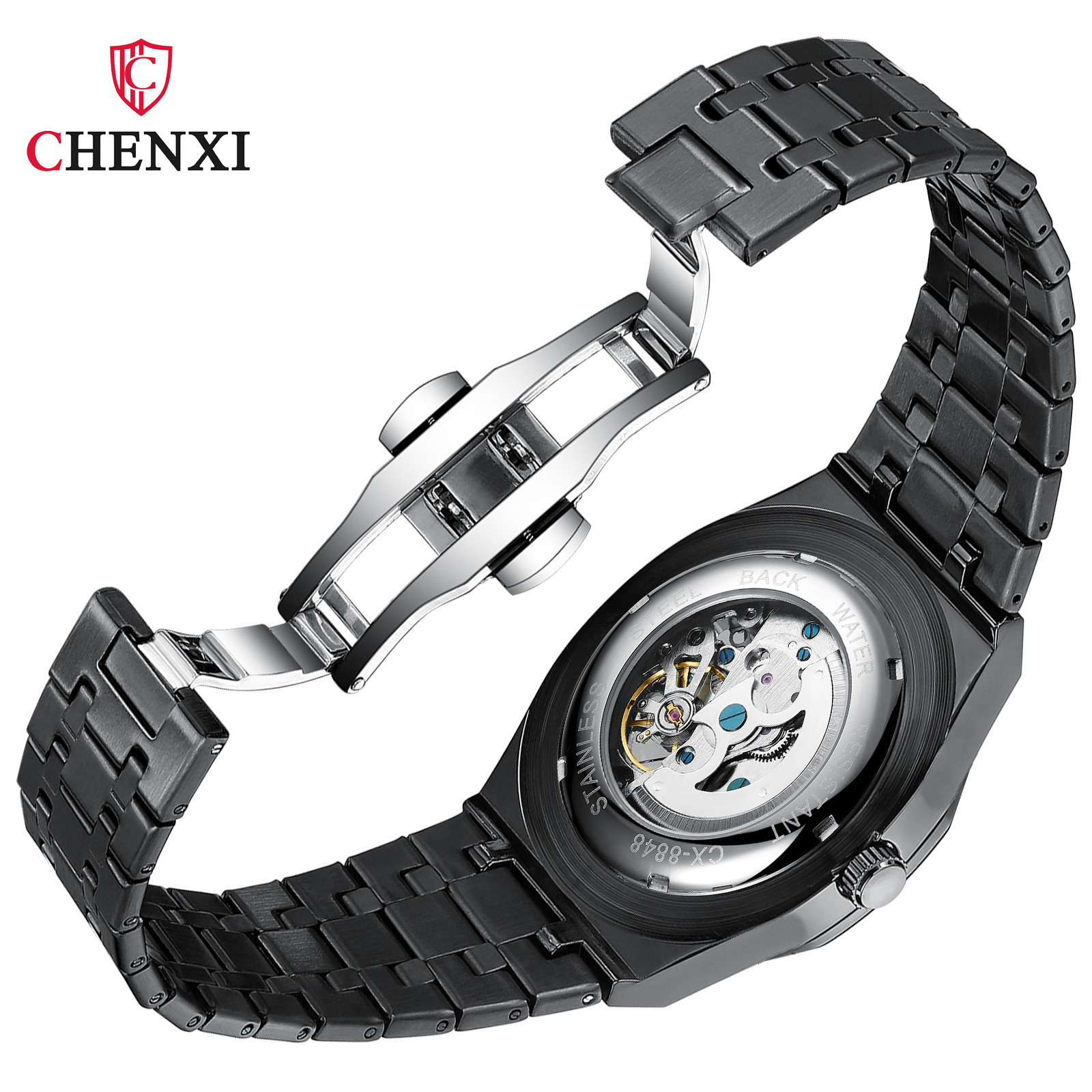 CHENXI reloj mecánico automático hueco inferior octogonal Shell moda correa de acero mariposa hebilla reloj mecánico creativo