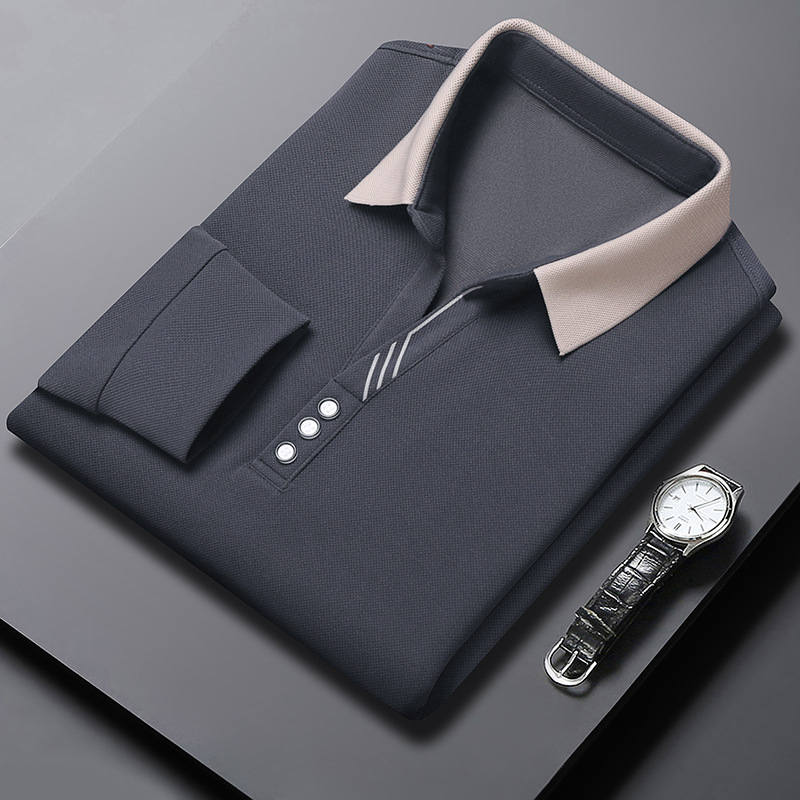 Tijeras collar Camiseta de manga larga de los hombres de Primavera y Otoño Nueva solapa simple casual solapa versátil camisa de polo de mediana edad de los hombres