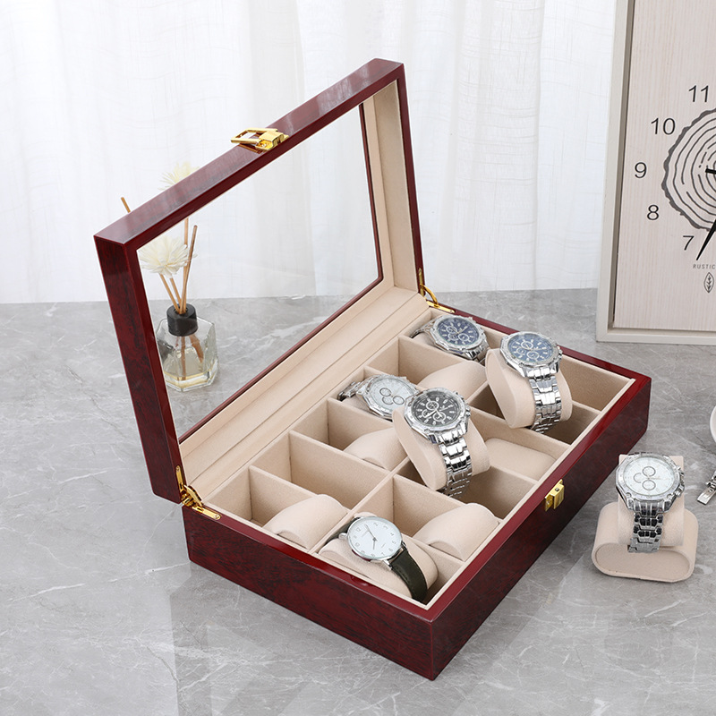 En stock caja de reloj de madera de pintura roja de 12 bits contador de reloj de gama alta de estilo europeo caja de presentación de hebilla abatible transparente