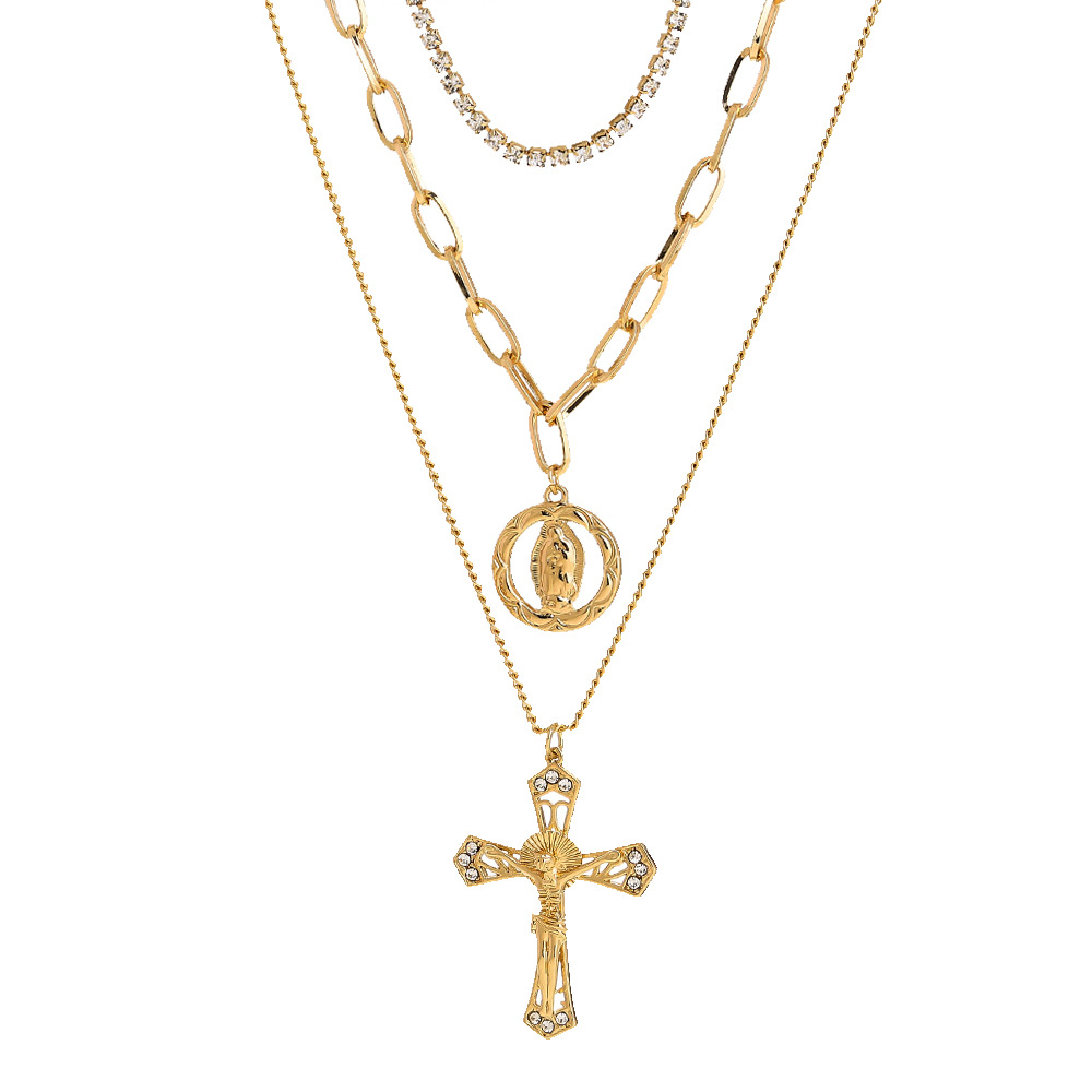 Multi-layered Retro Claw Chain Diamond Cross Portrait Pendent Alloy Necklace display picture 1