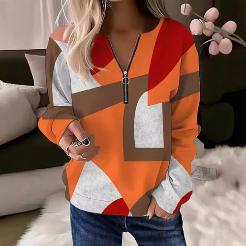 Women's Autumn/Winter Fashion Design 3D Digital Print Long Sleeve Half Zip Polo Shirt WF5
