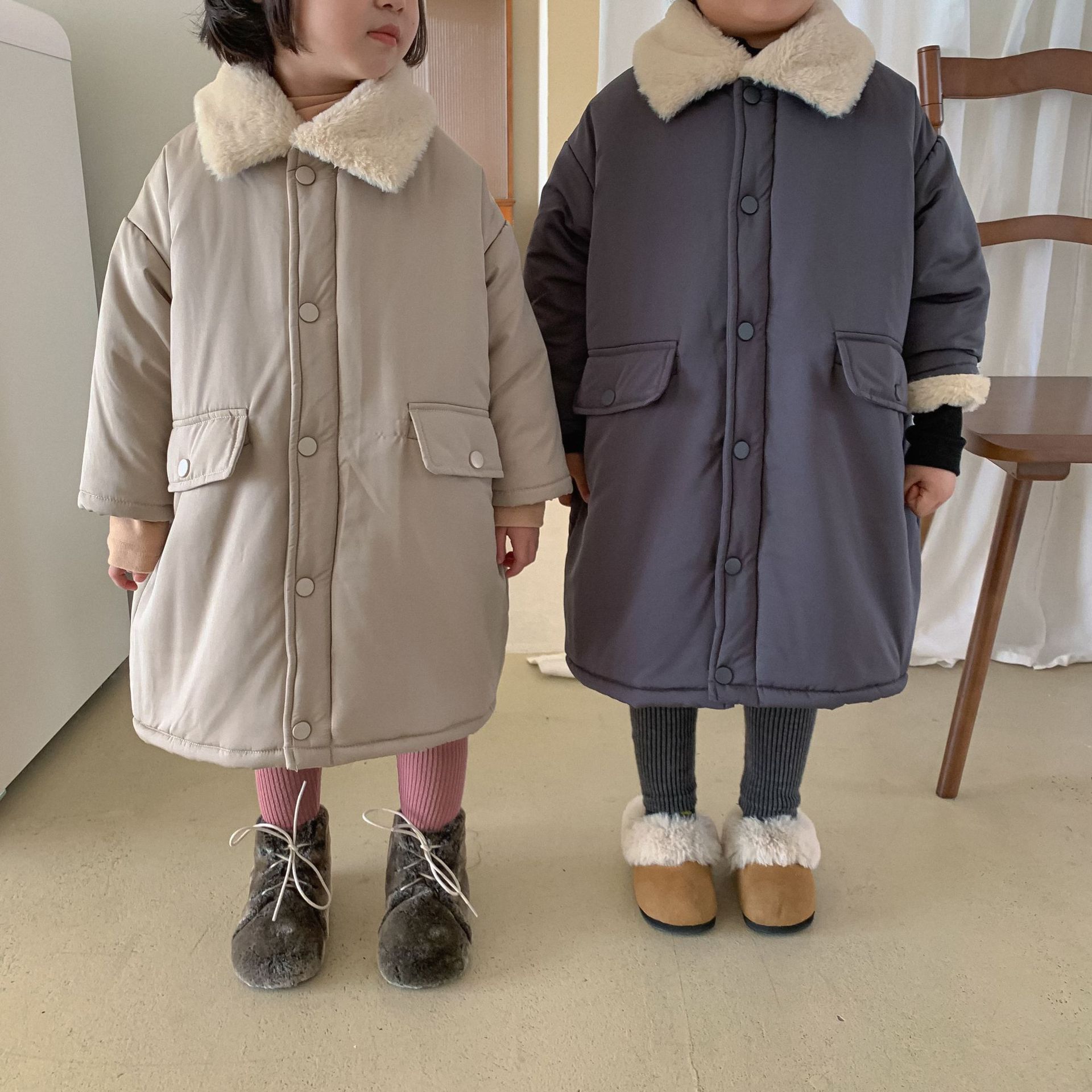 Children's cotton-padded clothes, medium-length boys' velvet imitation rabbit fur thickened girls' cotton-padded clothes 2023 winter new baby coats