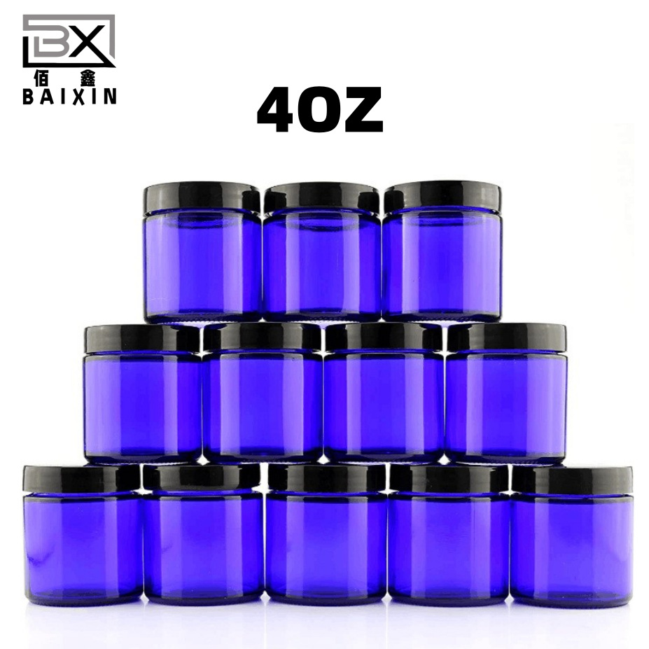原料蓝色4oz膏霜瓶120ml圆形直边罐精油乳液面霜化妆品分装玻璃瓶