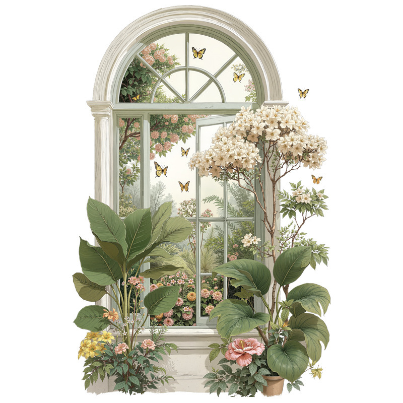 3D假窗植物背景墙可移除自粘墙贴亚马逊热销大树叶子墙贴画 69205|undefined