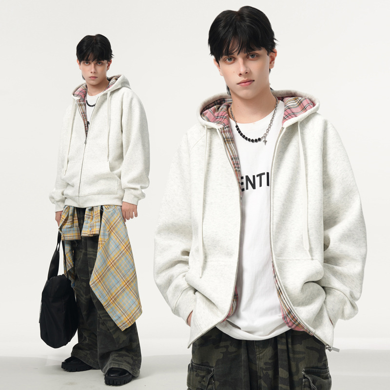 420 g schwerer, geblümter grauer Partner-Hoodie für Damen und Herren, Oversize-Patchwork-Karojacke für den frühen Herbst_voghion.com