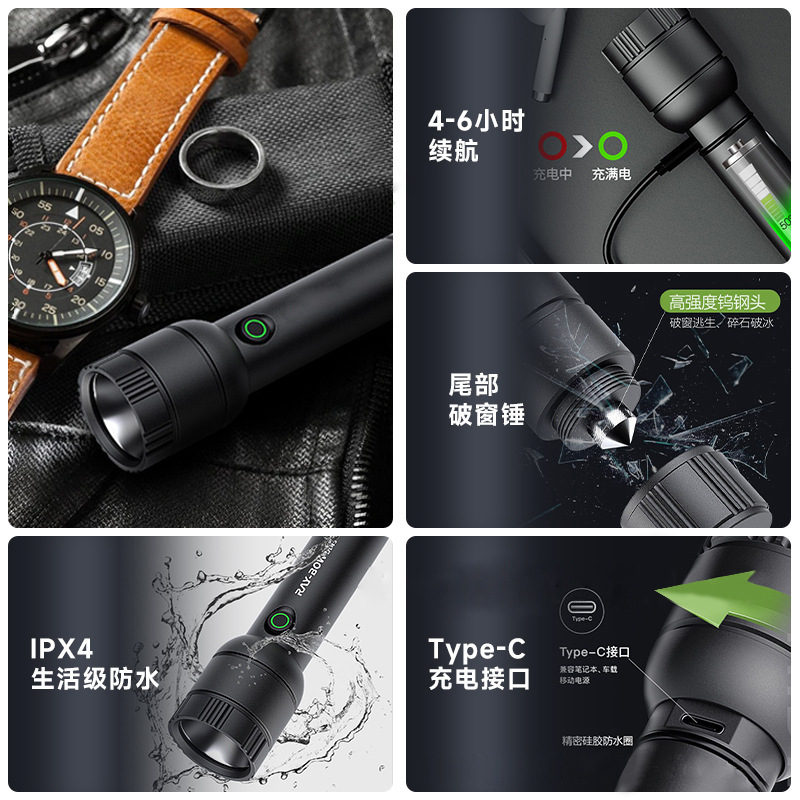 Venta directa de fábrica usb recargable hogar al aire libre luz fuerte camping impermeable iluminación zoom linterna de luz fuerte