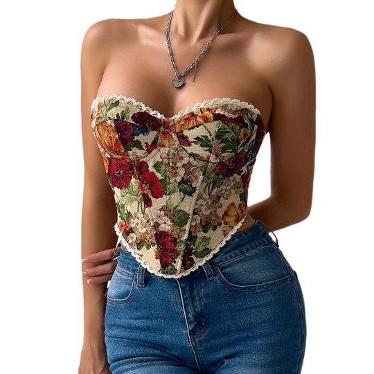 Cross-border Foreign Trade Street Retro Flower Printed Chest Wrap Lace Lace French Niche Fishbone Vest 70112