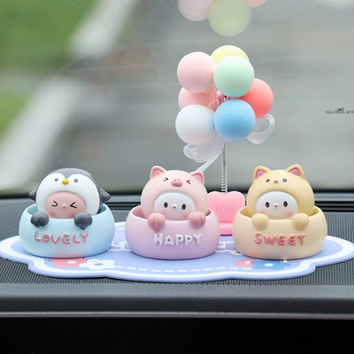 figurines creative, Car ornaments - penguin-cat-piglet-bobblehead-balloon-blue-lucky-mat