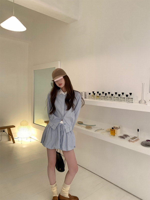 aaaaxbbb 冷调锡蓝 蓝格子套装翻领衬衫花苞裙短裙撞色系带上衣女|undefined