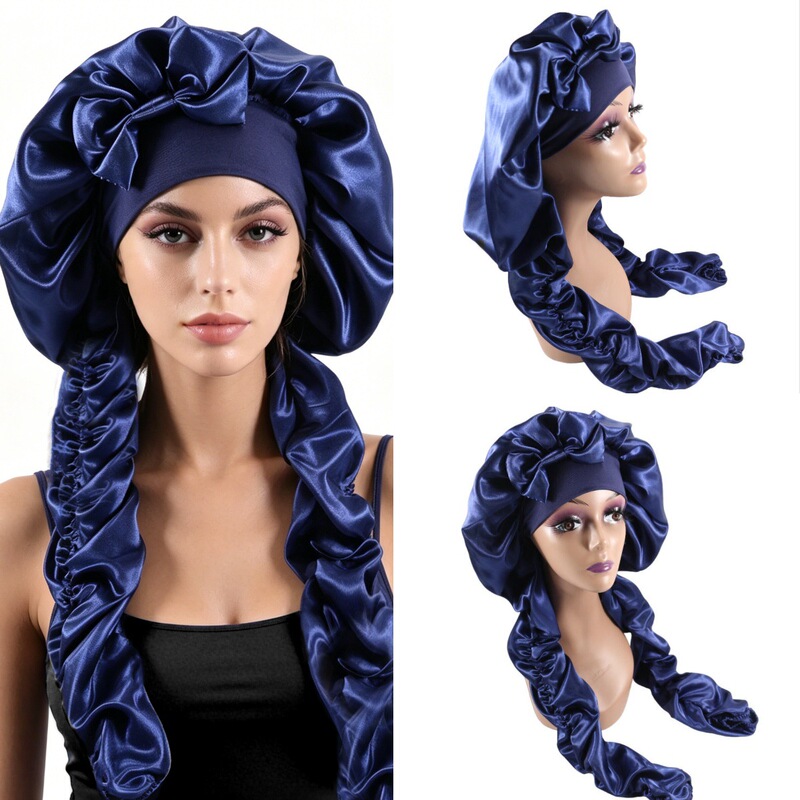New Satin Pleated Long Hat with Bow for Women, European and American Style Braided Hat, Nighttime Curly Hair Care Headscarf Hat New Satin Pleated Long Hat with Bow for Women, European and American Style Braided Hat, Nighttime Curly Hair Care Headscarf Hat