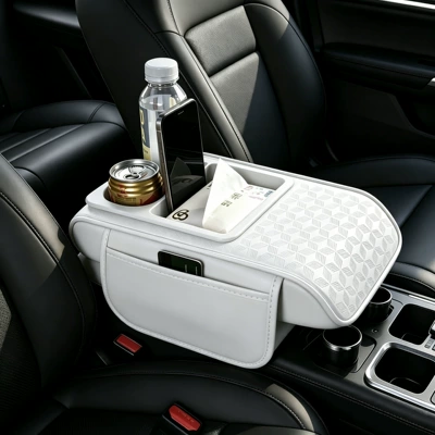 Armrest box pad Multifunctional Storage, Water Cup Holder - four-leaf-clover-curved-version-white