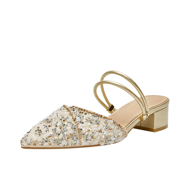 Sandal đính đá nữ đế thấp quai mảnh phối váy — BL139 màu bạc