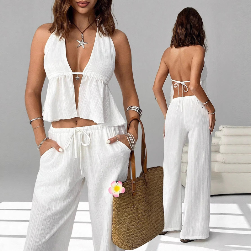 2026 European and American Cross-Border Summer New Style Set Casual Sexy Striped V-Neck Tank Top Straight-Leg Pants Set