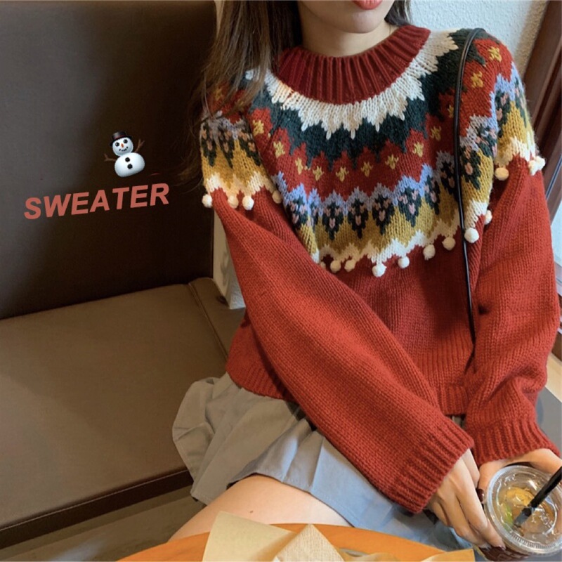 Japanese gentle fairy sweater women's loose autumn and winter outer wear Christmas red New Year retro sweater student thick