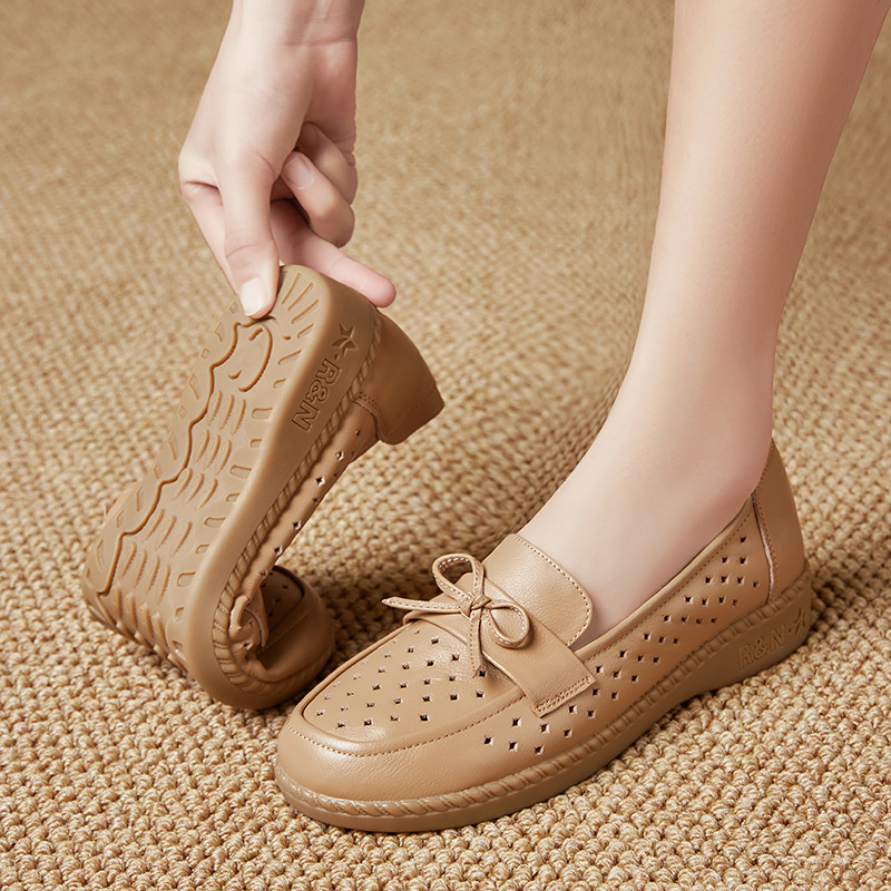 Sandal nữ đế bệt da bò thật thoáng khí mùa hè — Đỏ rượu