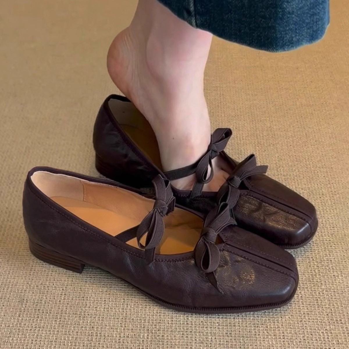 Piel de oveja ~ Zapatos de ballet francés de cuero genuino mujer suela suave con falda vintage Mary Jane zapatos planos con lazo