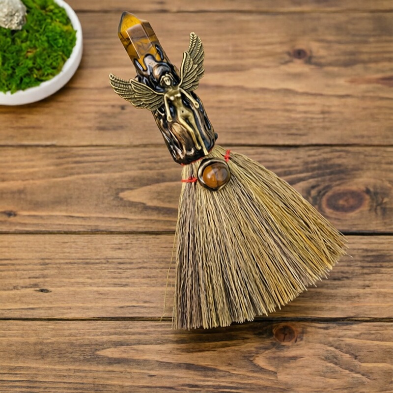 Cross-Border Natural Crystal Hexagonal Pillar Broom Purple White Pink Crystal Raw Stone Wiccan Halloween Magic Broom Wholesale