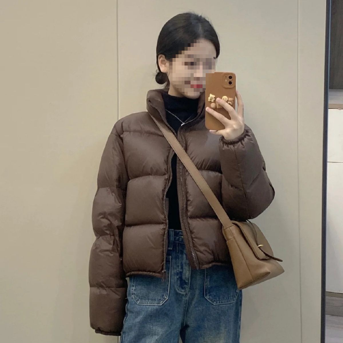 Women's Coffee Brown Puffer Down Coat Stand Collar Short Fit_voghion.com