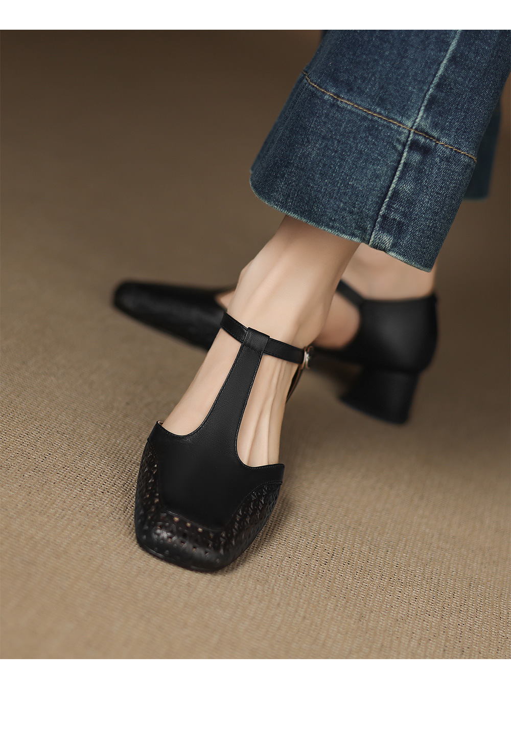 Sandal quai chữ T bít mũi da bò lớp đầu gót thô 4cm đục lỗ thoáng khí — Màu đen chi tiết 17