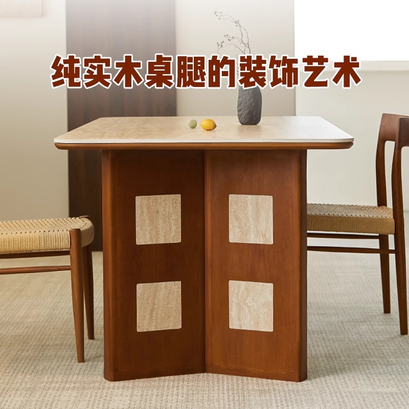 Medieval Style Solid Wood Travertine Slate Rectangular Dining Table and Chair Combination Home Dining Table Small Apartment Ash Wood Wabi-Sabi Style