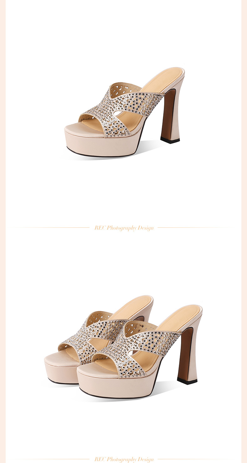 Sandal cao gót nữ hở mũi đế dày đính đá lấp lánh — Màu sâm panh chi tiết 4