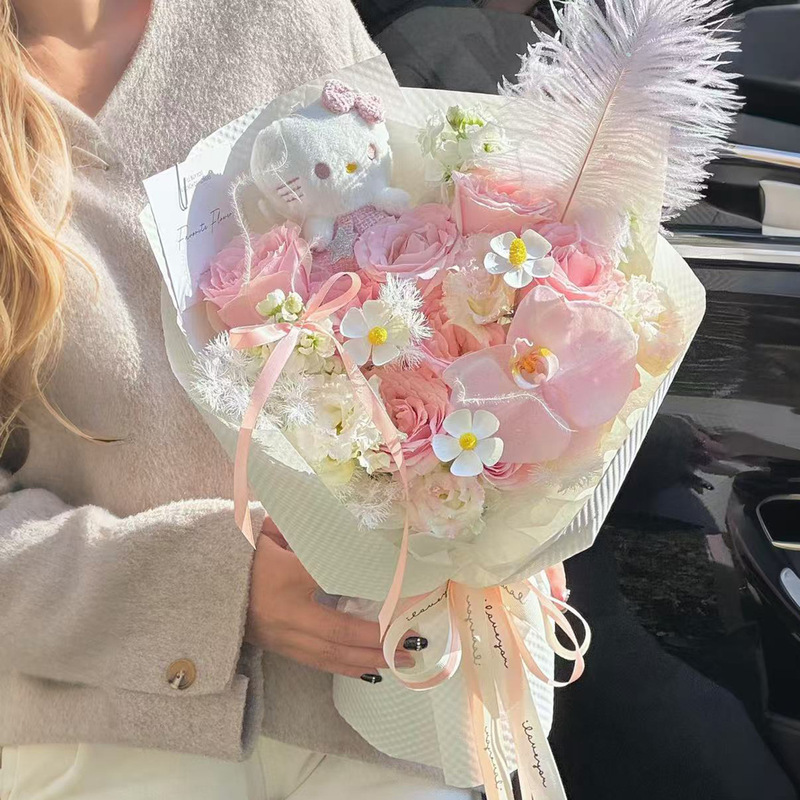 永生花蝴蝶结kt猫玫瑰花束香皂花送闺蜜生日礼物送女友七夕礼物|undefined