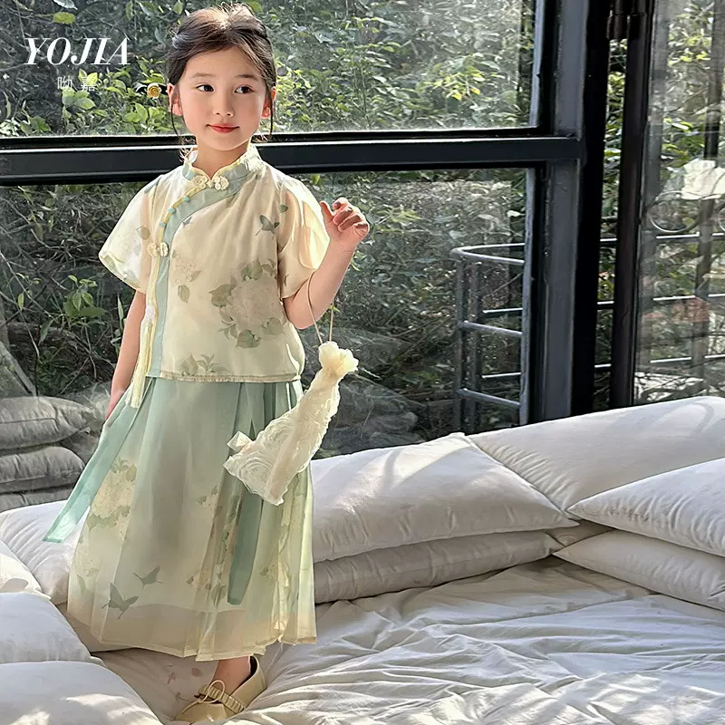 YOJIA女童汉服夏季新款新中式国风连衣裙套装裙子儿童两件套夏装