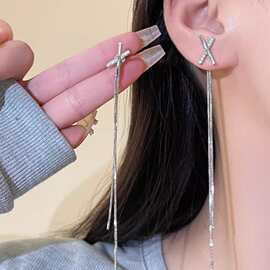 耳钉韩版金属交叉流苏耳环网红气质个性长款耳坠耳饰品女
