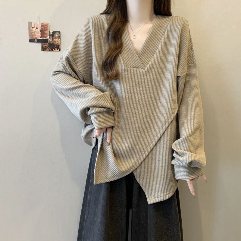 大码纹理感坑条交叉设计感长袖上衣女2025春秋新款宽松显瘦打底衫|undefined