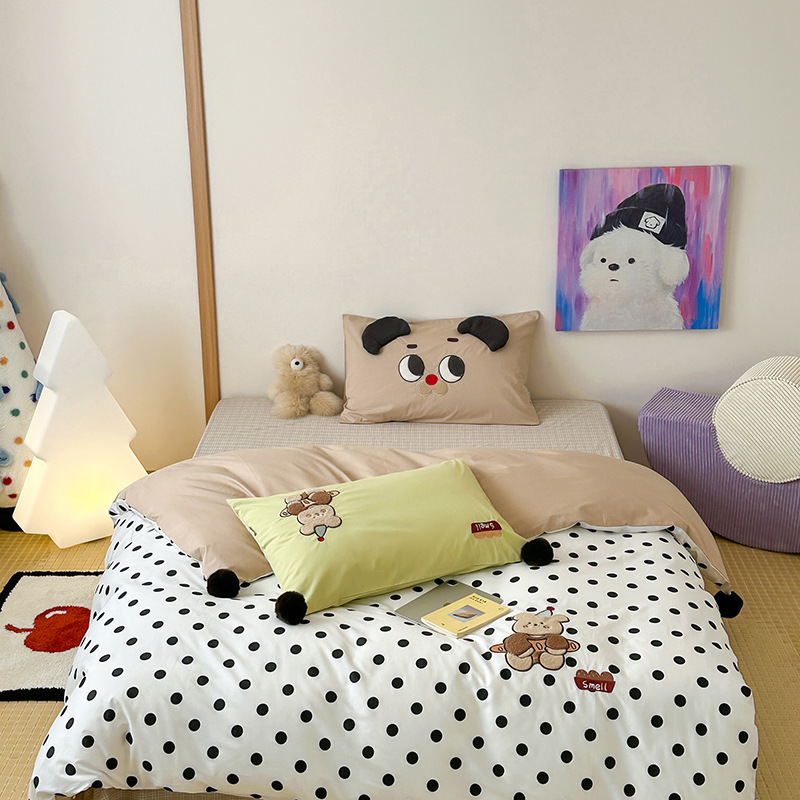 ins少女波点格子小兔全棉水洗棉四件套可爱刺绣纯棉被套床上用品|undefined