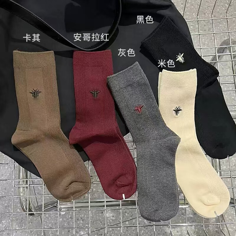 Ancola Show Same Style Bee Embroidered Vertical Striped Double Needle Socks Five-Bone Socks Mid-Tube Socks Piled Socks British Style