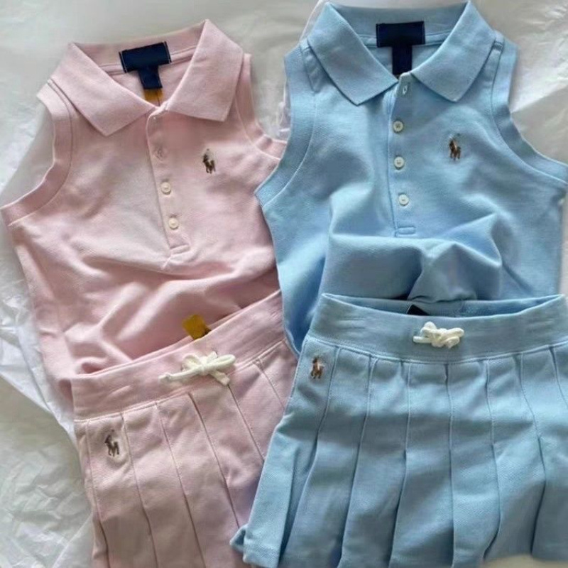 Japanese-Style Summer Children's Clothing 25 New Girls' Sleeveless Vest Tops Sports Style Pleated Skirt Academy Style Set Summer